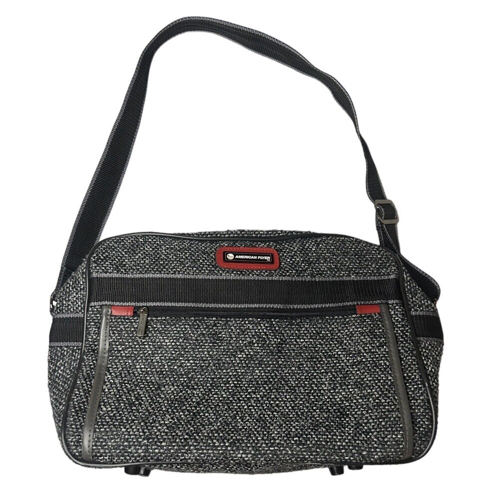 Vtg American Flyer Black & White Tweed Tote Travel Bag Luggage 14.5 x 10.5 x 6